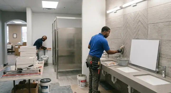 Commercial restroom renovation with new tile walls