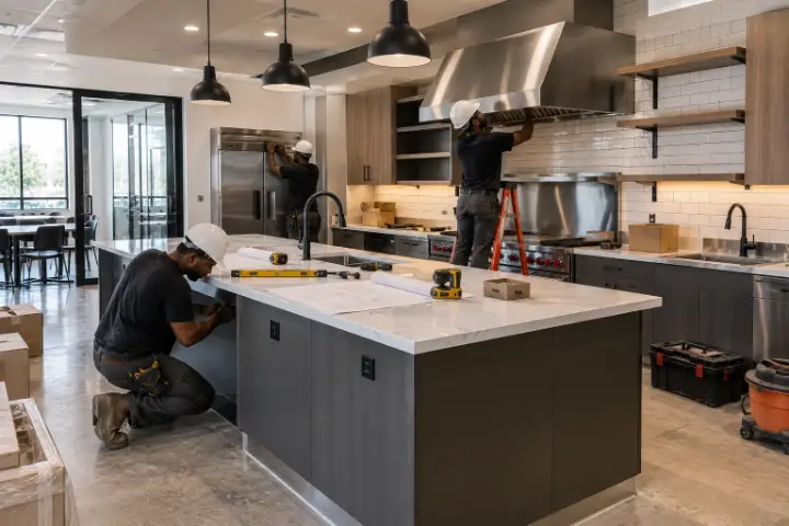 Commercial kitchen renovation with stainless steel equipment